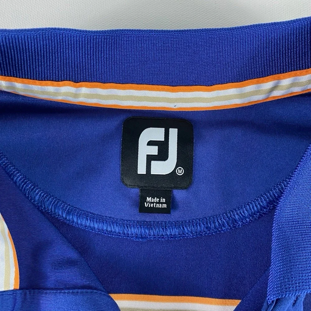 FootJoy Polo‎ Shirt Mens Medium Blue Golf Performance Orange Stripe Short Sleeve
